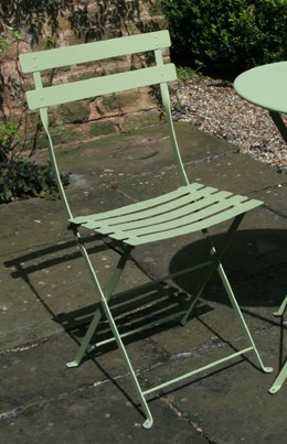 Pair of metal, willow-green, bistro chairs