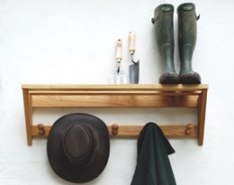 Coat rack with shaker pegs slatted hat shelf