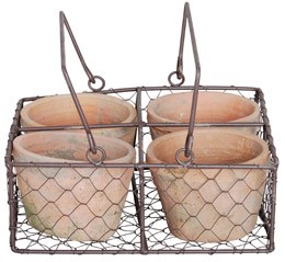 Aged terracotta pot and wire basket set