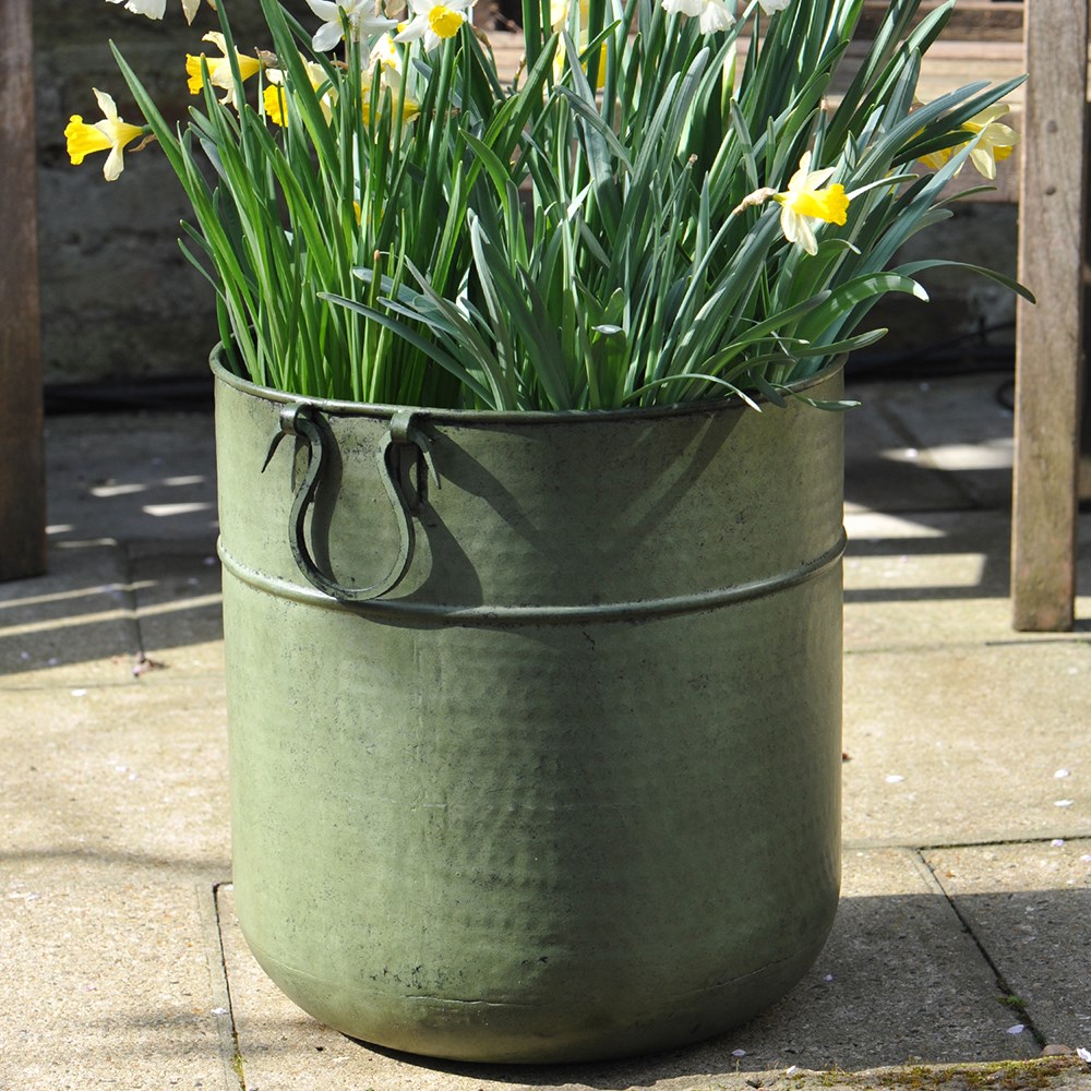 Verdigris tall metal planter
