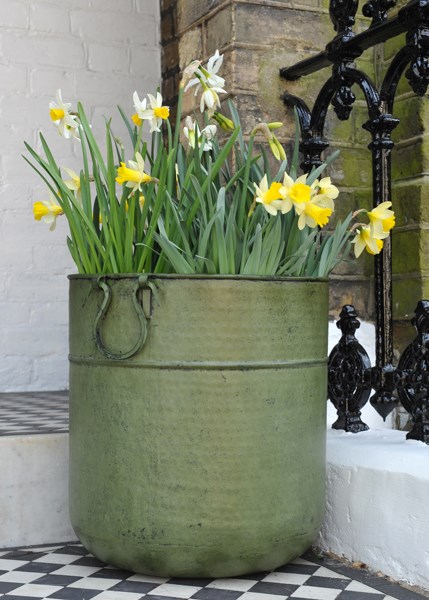 Verdigris tall metal planter