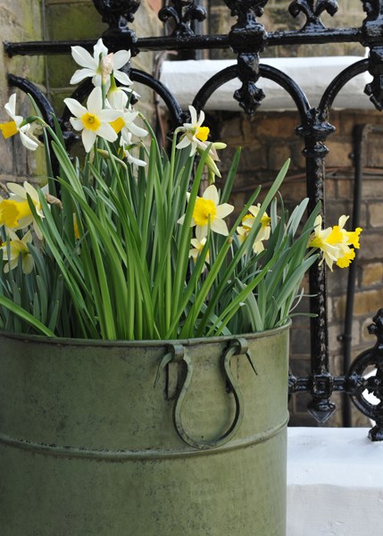 Verdigris tall metal planter