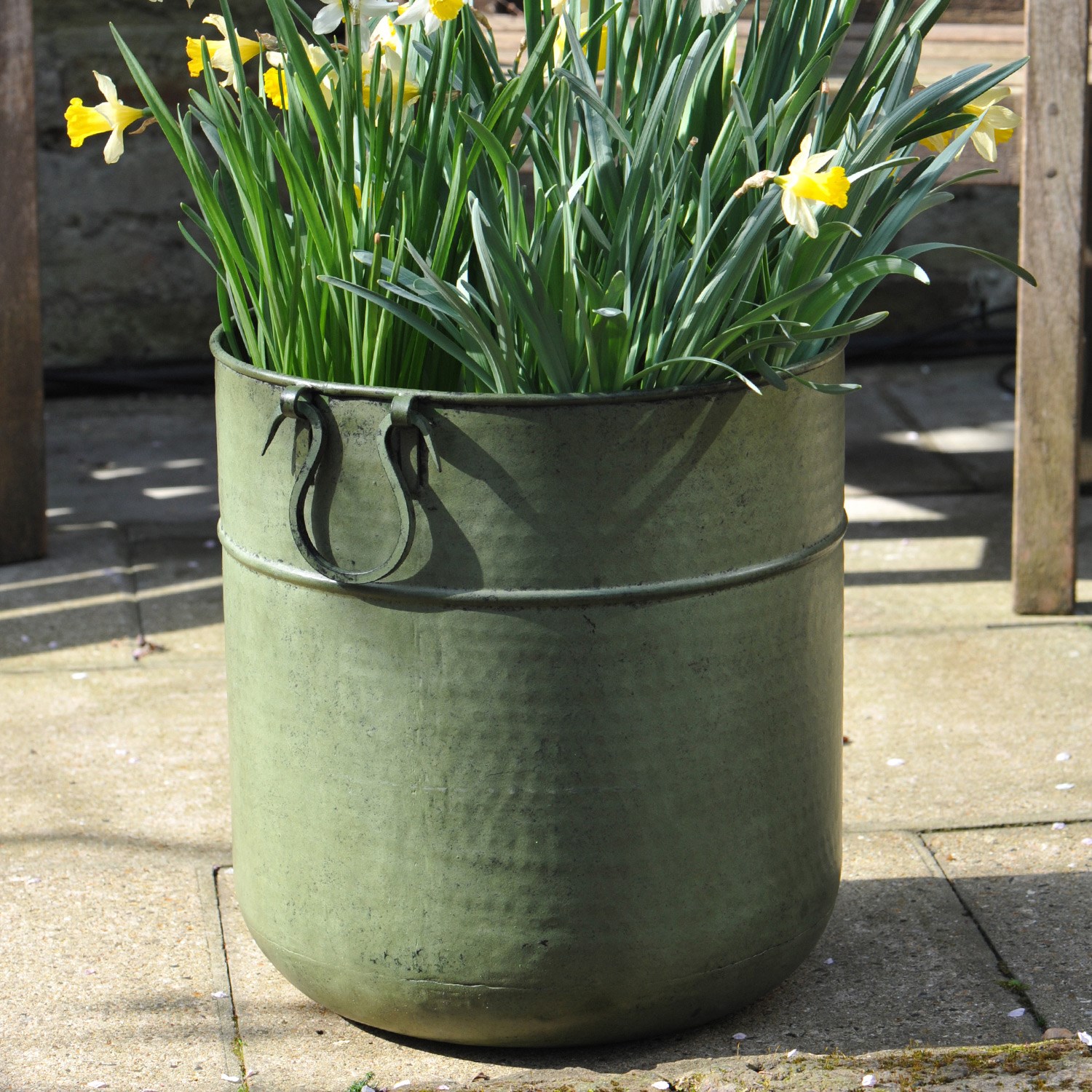 Verdigris tall metal planter