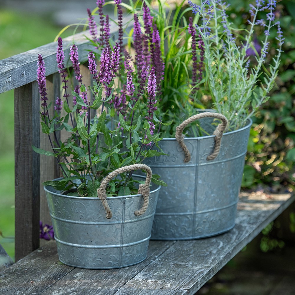 Galvanised metal planter with rope handles