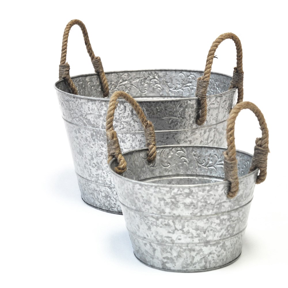 Galvanised metal planter with rope handles