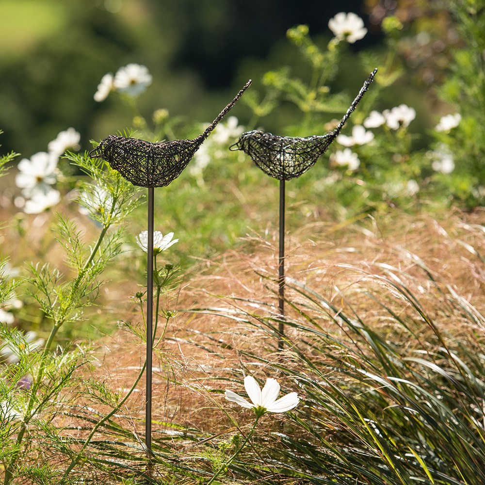 Wire bird on a stake - pewter