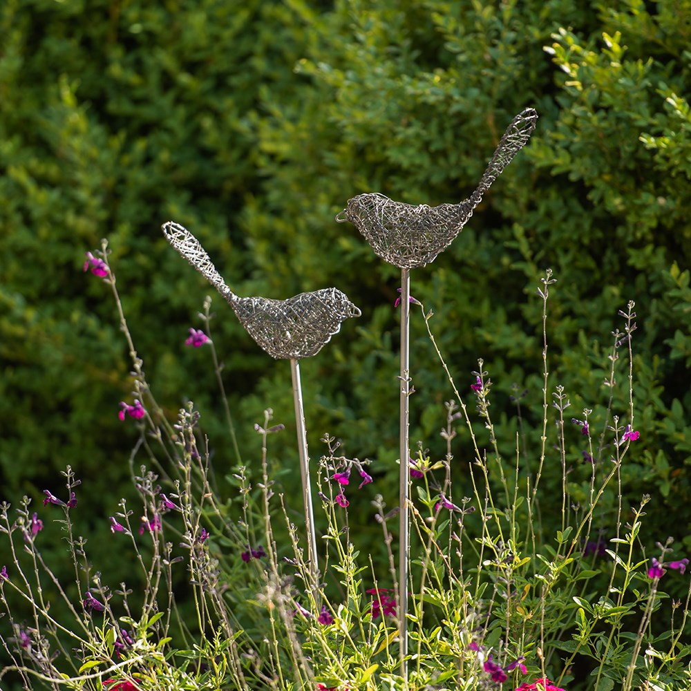 Wire bird on a stake - pewter