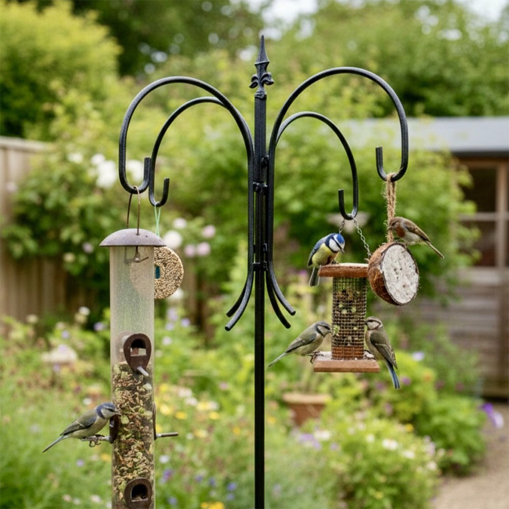 Four way crook for bird feeders - black