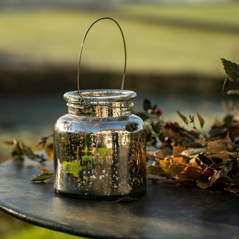 Mercury glass jar lantern