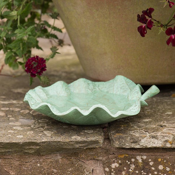 Verdigris leaf bird bath