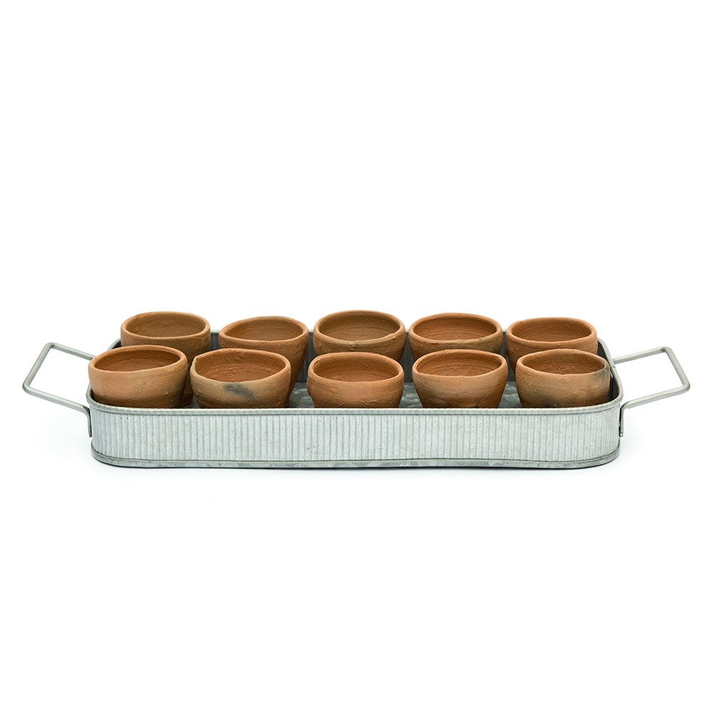 Terracotta grow pots - set of 10 with galvanised metal tray