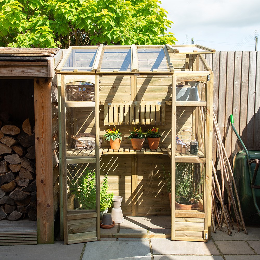 Victorian wooden tall wall greenhouse - natural