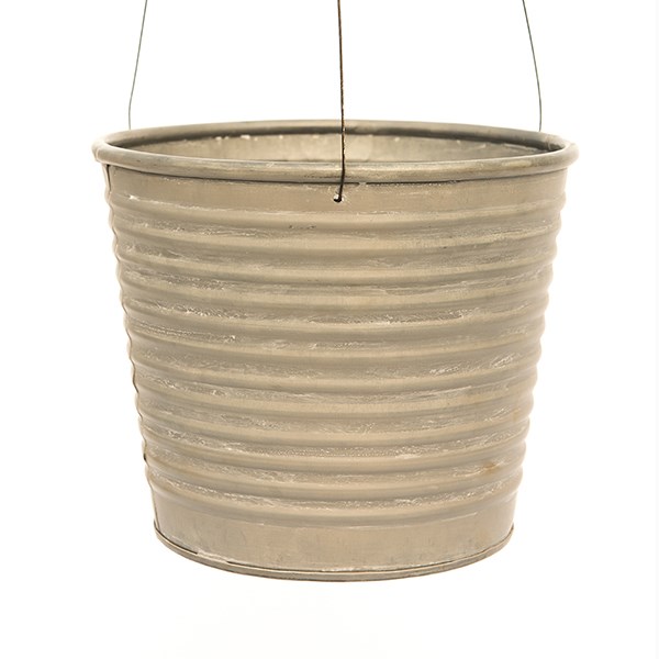 Hanging galvanised metal ribbed planter - aged zinc