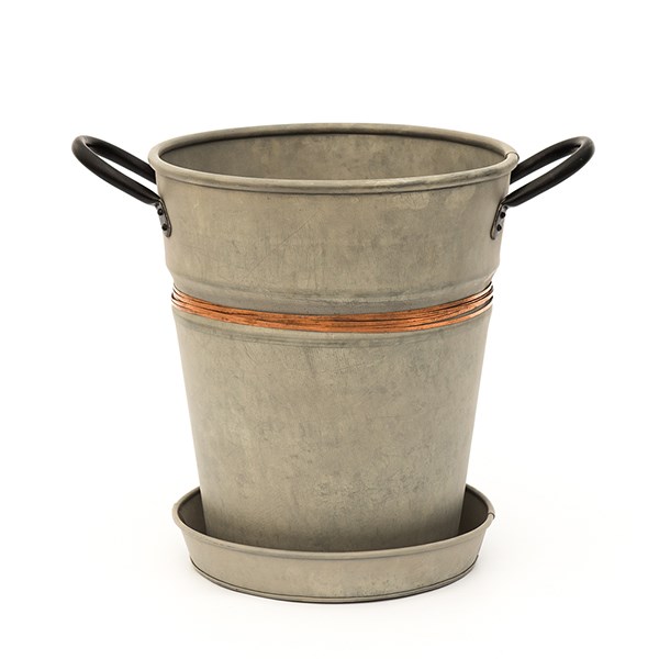 Galvanised metal planter with copper belt and tray