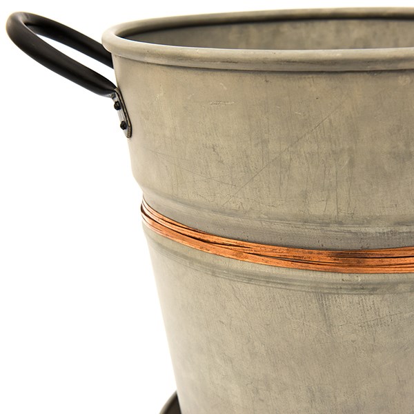Galvanised metal planter with copper belt and tray