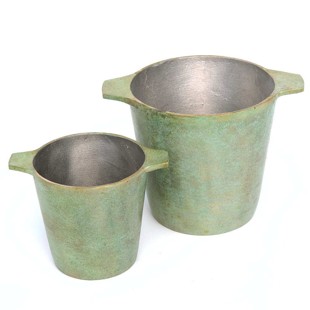 Cast aluminium pot cover with verdigris patina
