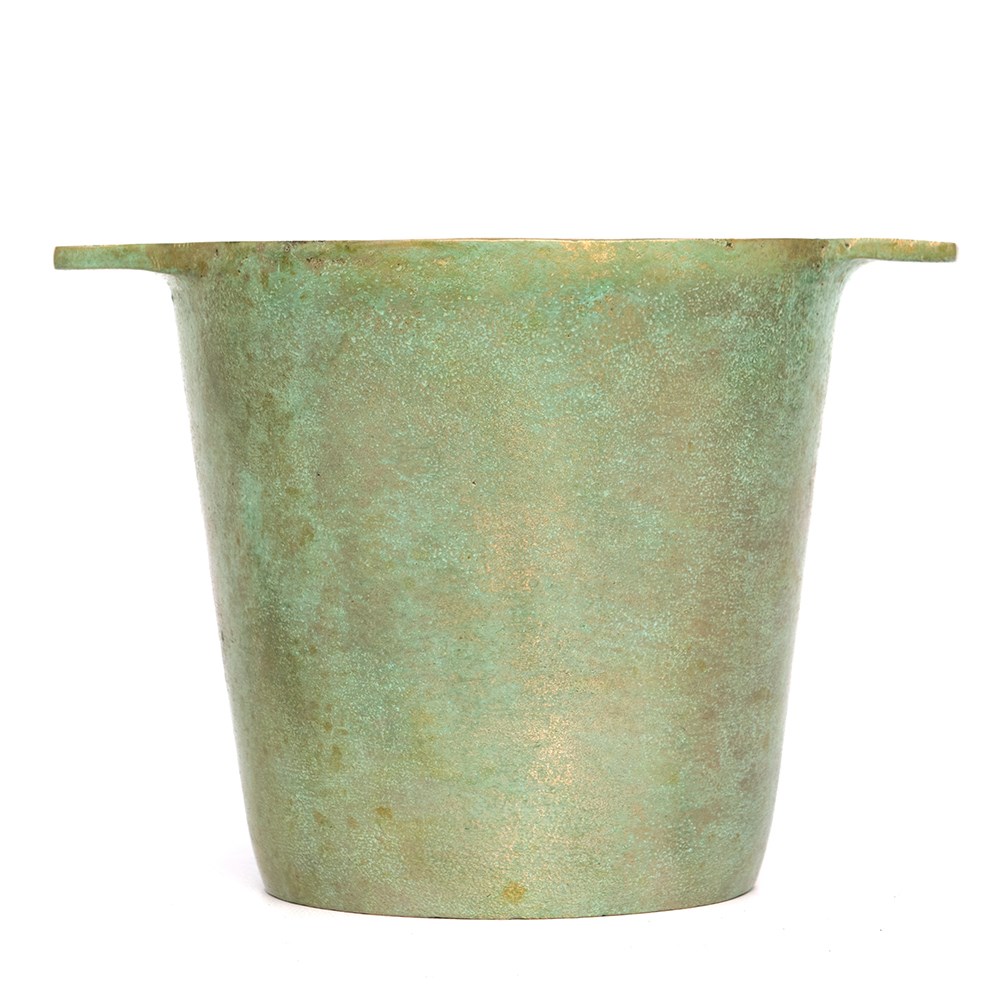 Cast aluminium pot cover with verdigris patina