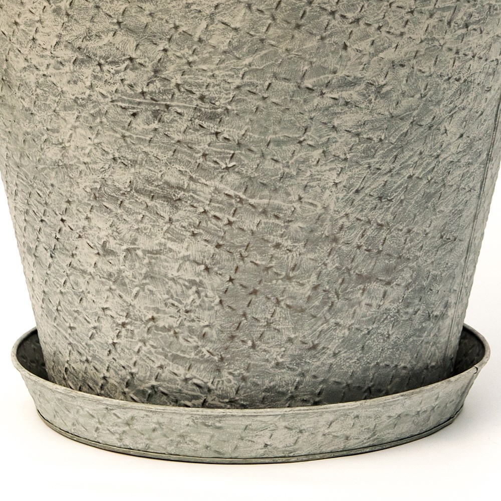 Round embossed galvanised metal pot tray - aged zinc