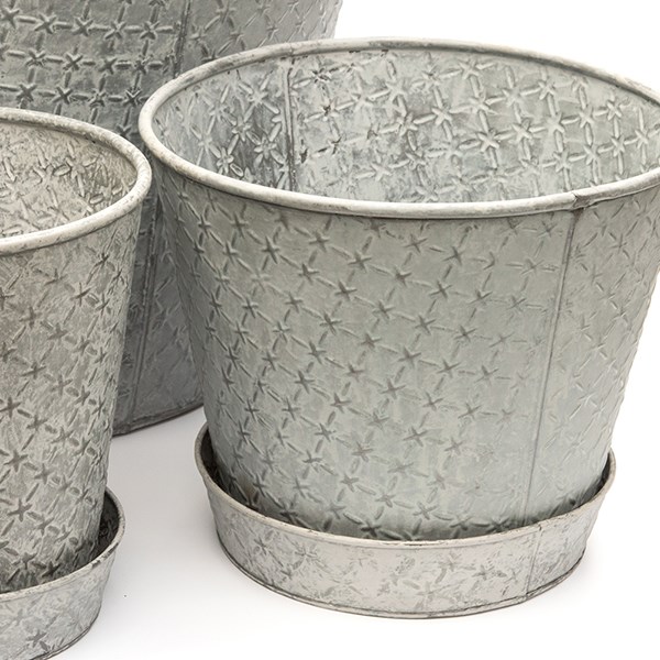 Round embossed galvanised metal pot tray - aged zinc