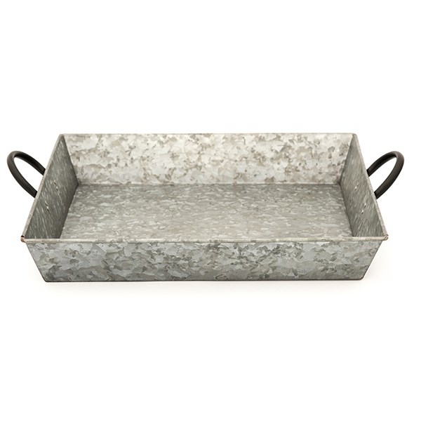 Galvanised metal rectangular tray with blackened handles