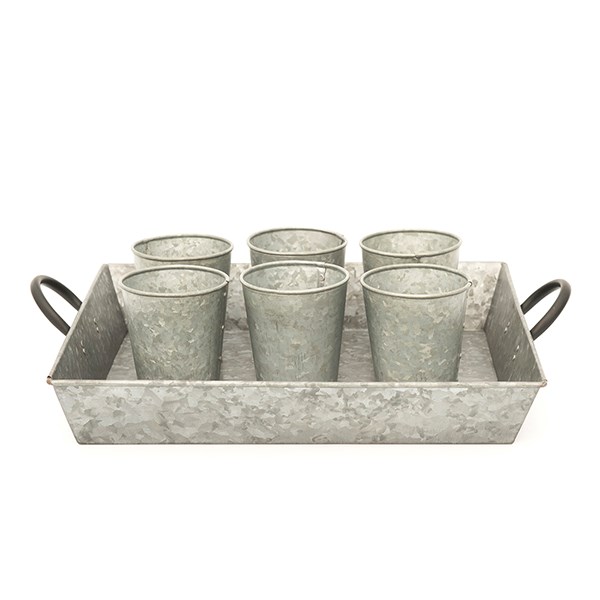 Galvanised metal rectangular tray with blackened handles