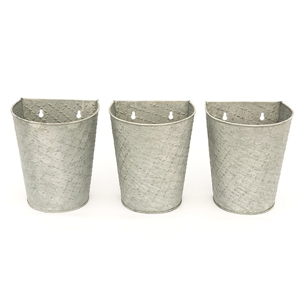 Embossed galvanised metal wall planters aged zinc - set of 3