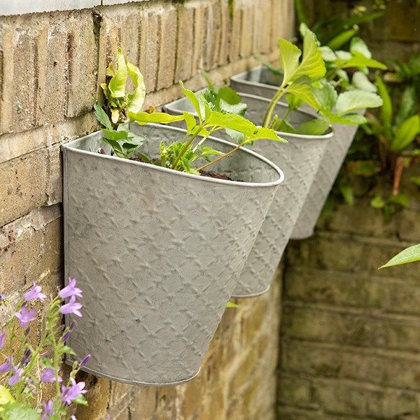 Embossed galvanised metal wall planters aged zinc - set of 3