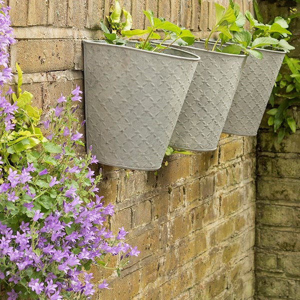 Embossed galvanised metal wall planters aged zinc - set of 3