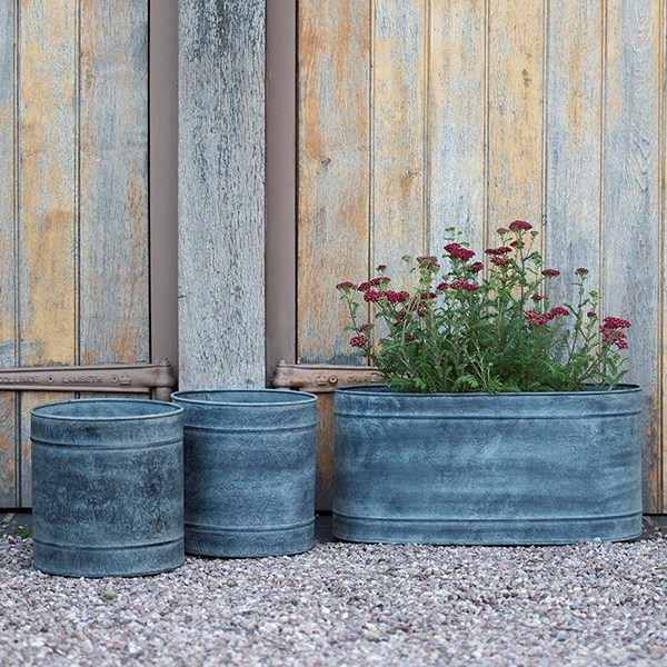 Galvanised metal planter and trough set - aged zinc