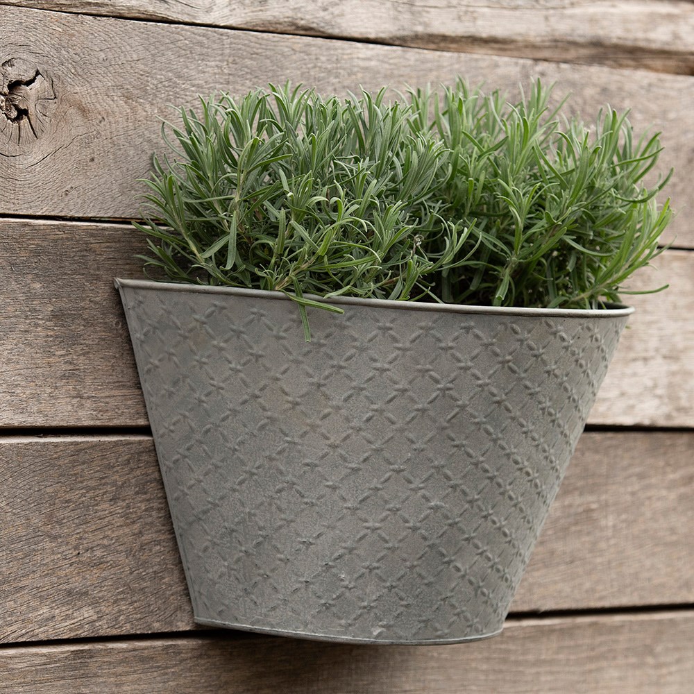 Embossed galvanised metal wall planter - aged zinc