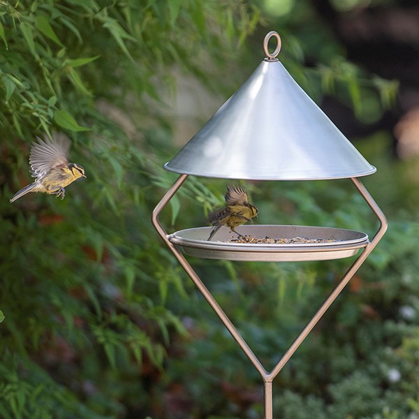 Bird feeding hut on stake - brushed aluminium