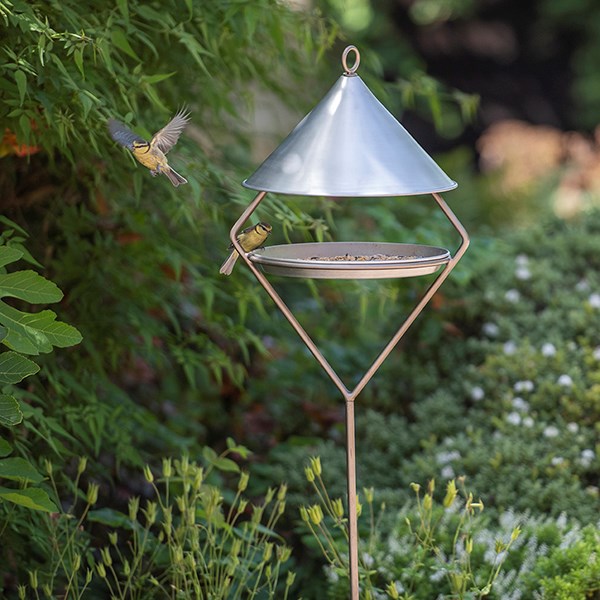 Bird feeding hut on stake - brushed aluminium