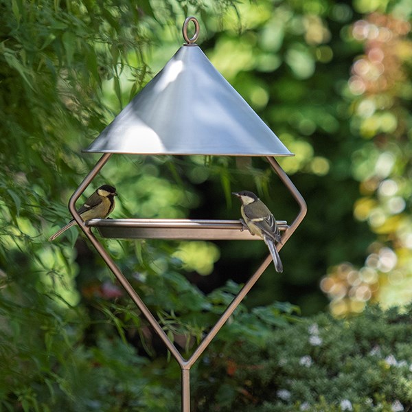 Bird feeding hut on stake - brushed aluminium