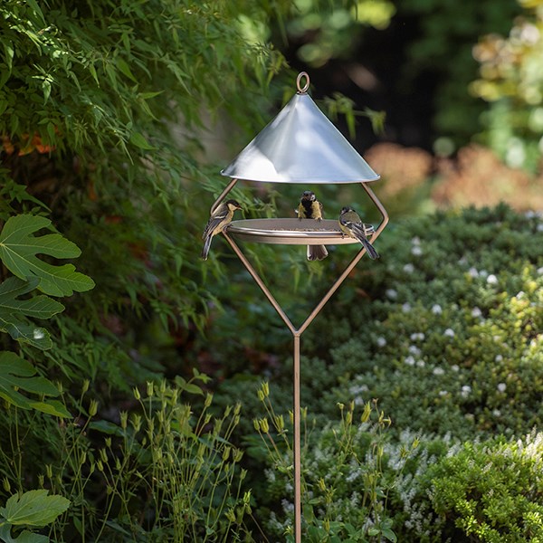 Bird feeding hut on stake - brushed aluminium