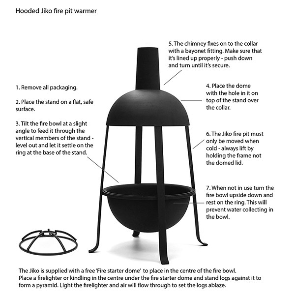 Hooded jiko fire pit with fire starter dome