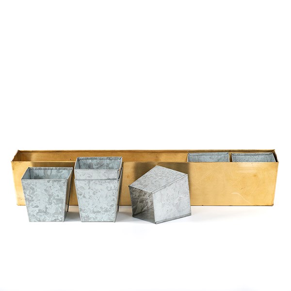 Brass windowsill tray with 6 grow pods
