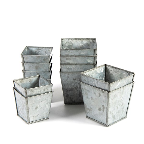 Square galvanised metal pots - set of 6