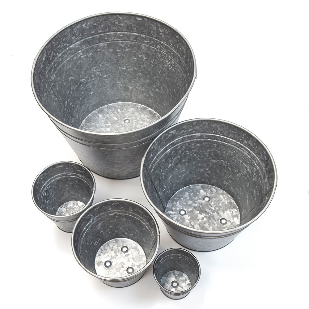 Ringed galvanised metal planter