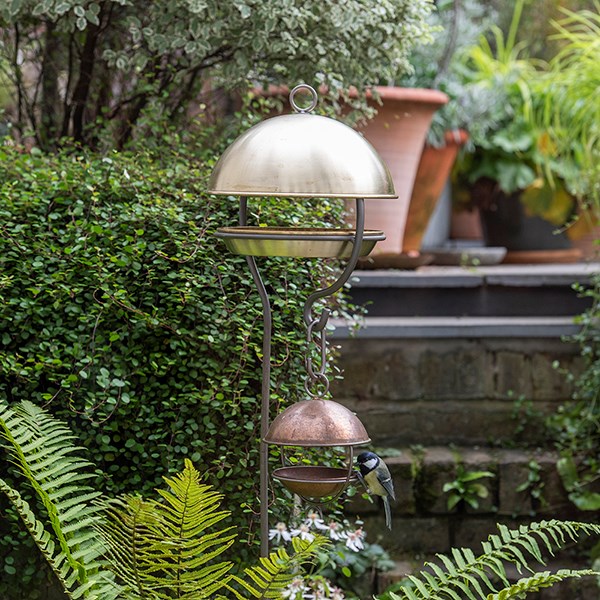 Stake bird feeding dome - brushed brass