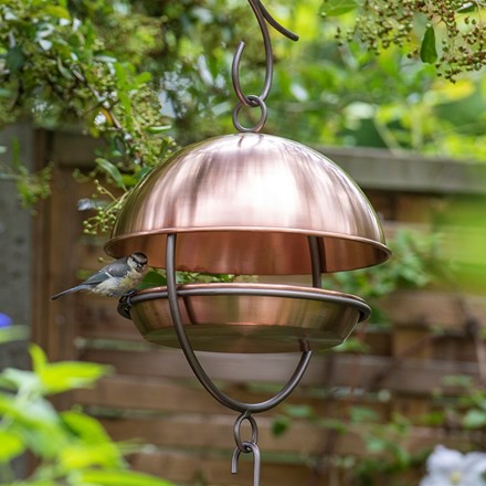 Hanging bird feeding dome - brushed copper