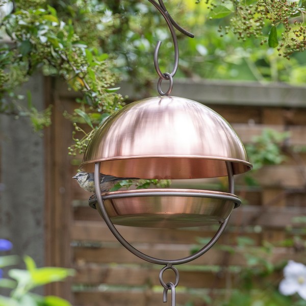 Hanging bird feeding dome - brushed copper
