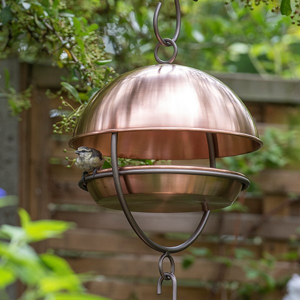 Hanging bird feeding dome - brushed copper