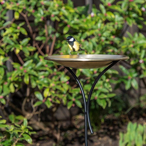Bird bowl on a stake - brushed brass