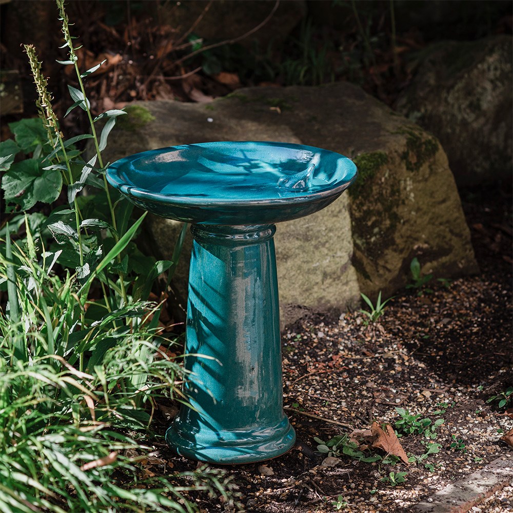 Ceramic bird bath on pedestal - blue