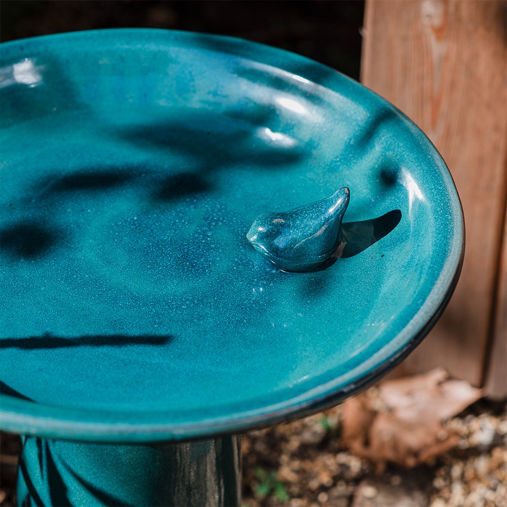 Ceramic bird bath on pedestal - blue