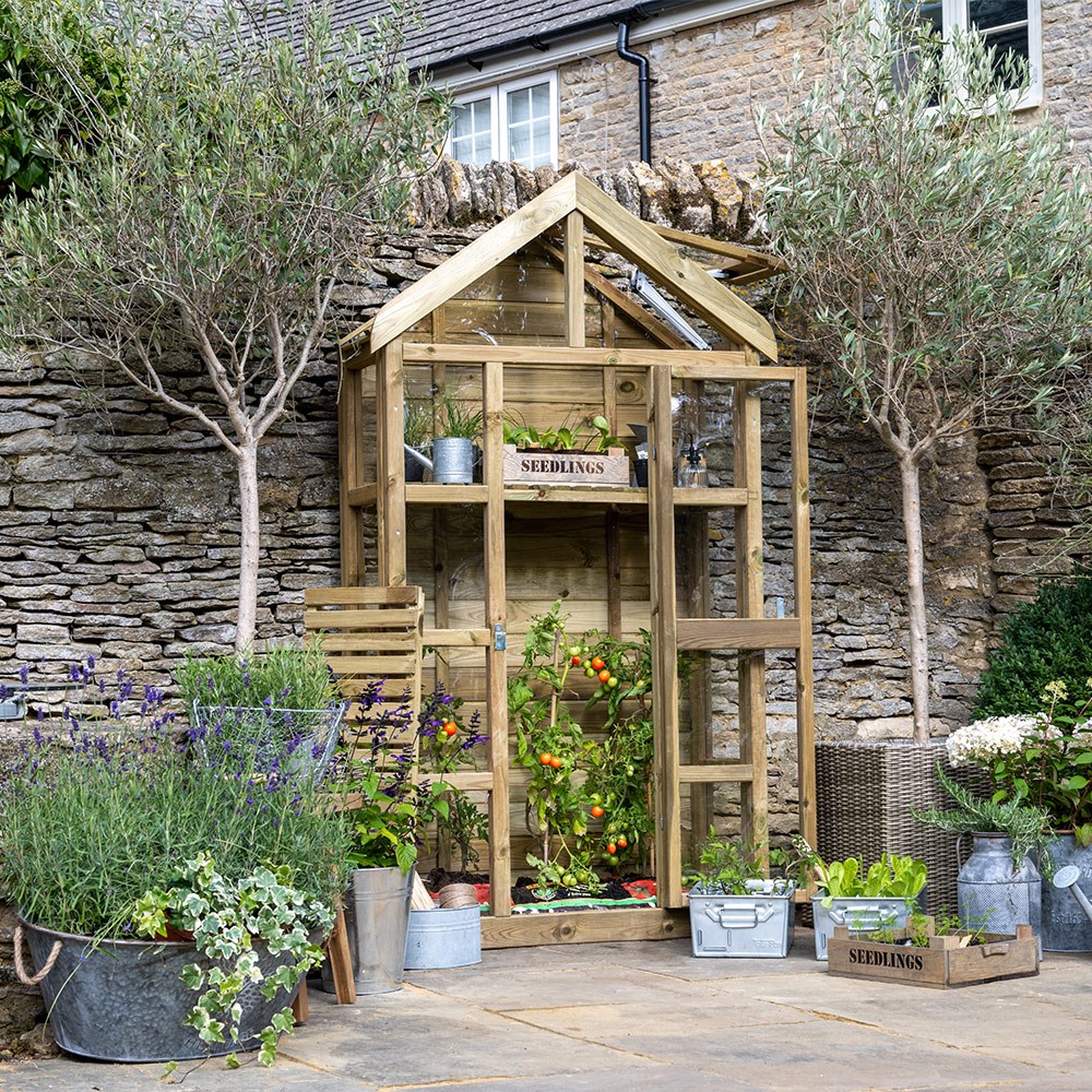 Wooden wall greenhouse with auto vent - natural