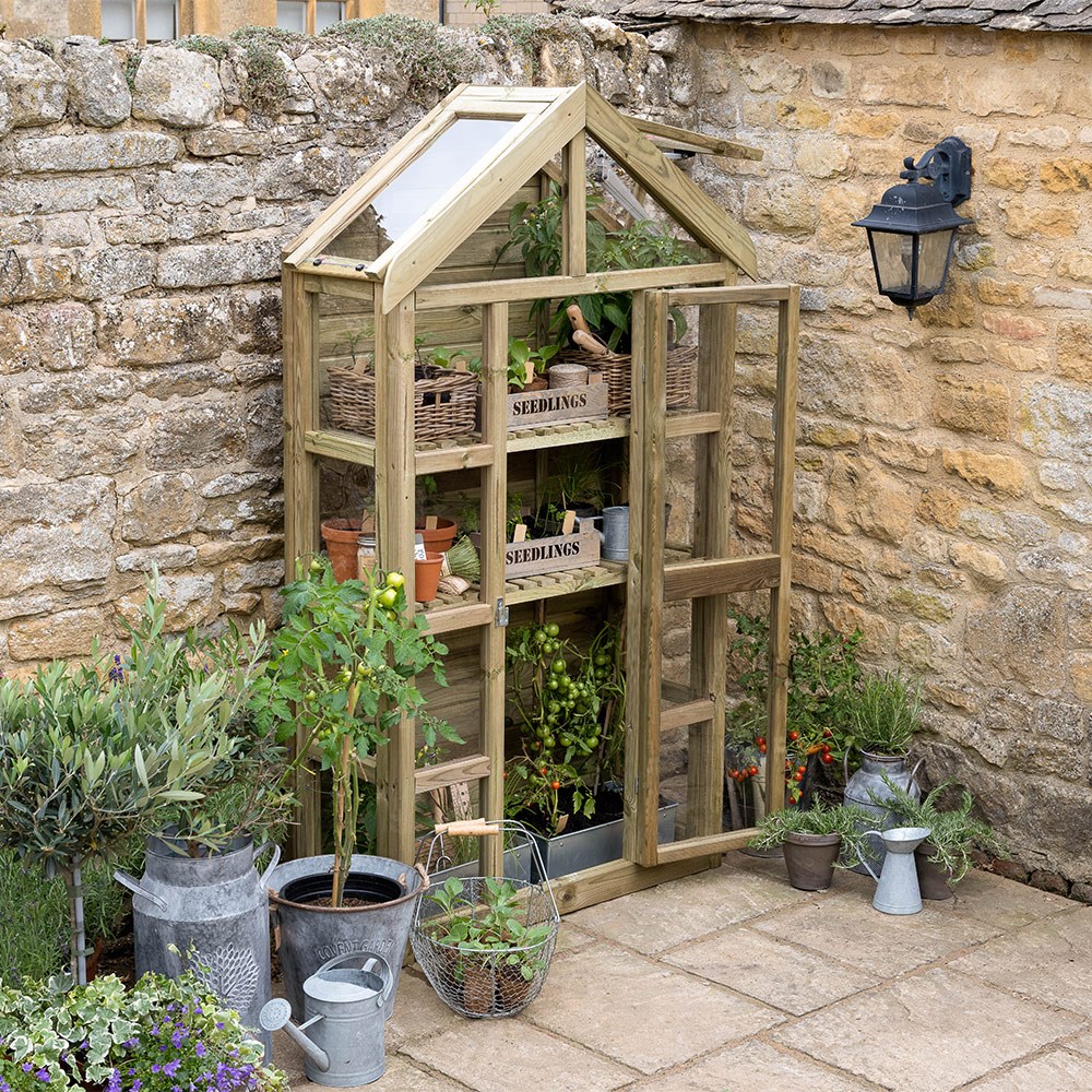 Wooden wall greenhouse with auto vent - natural