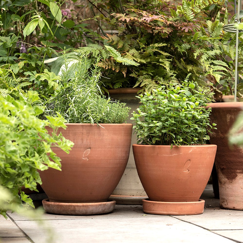 Indoor/outdoor terracotta pot with glazed saucer - small
