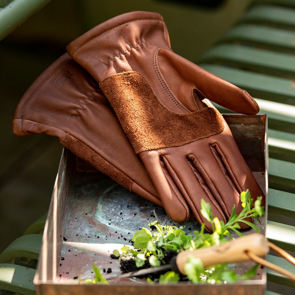 Leather gardening gloves lined - brown