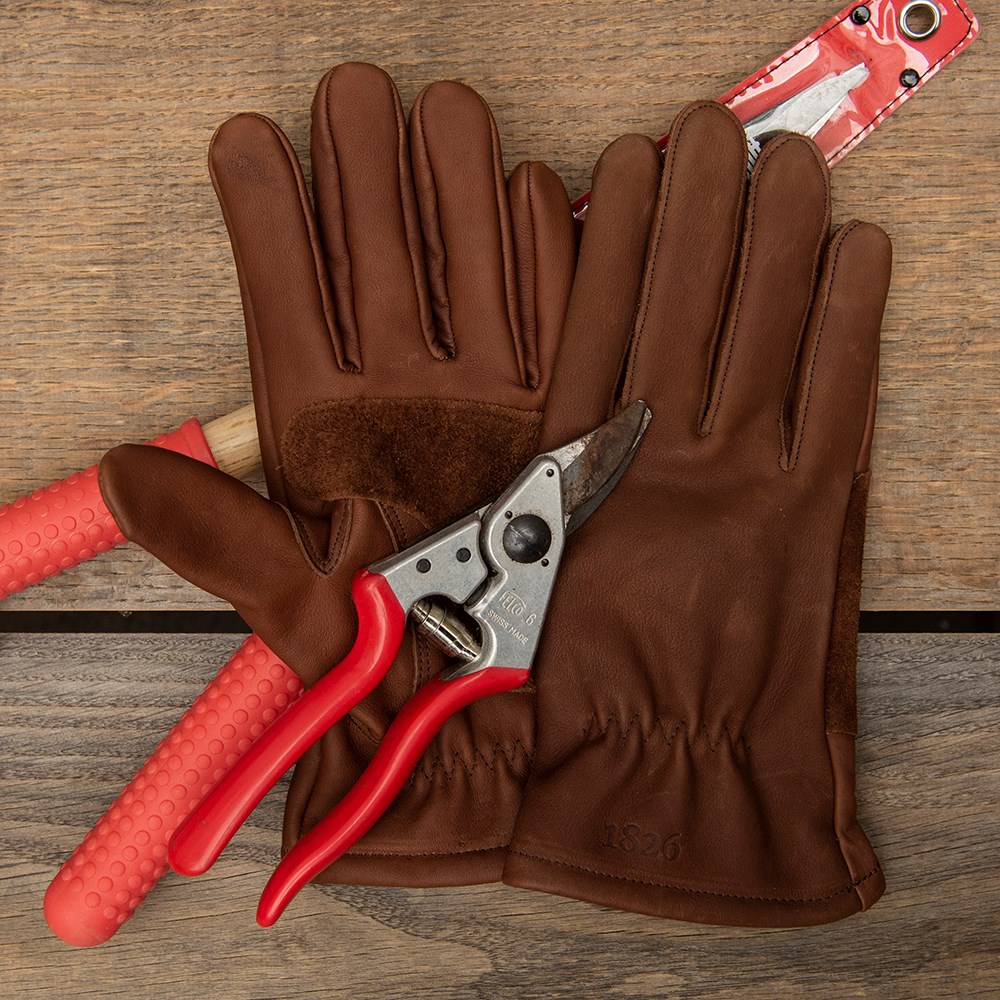 Leather gardening gloves lined - brown